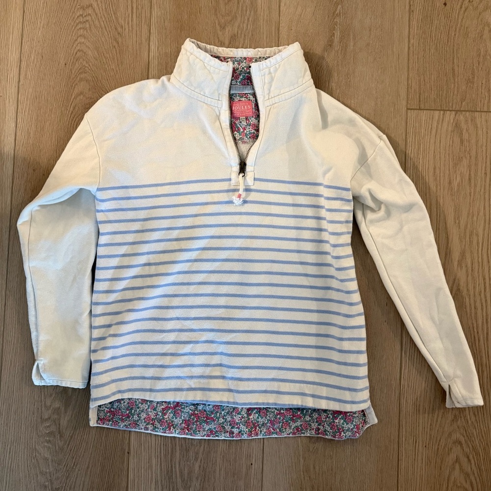 Joules White stripes with inside Floral 1/4 Zip Pullover Sweater sweatshirt Sz 6